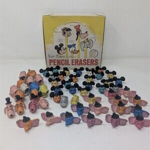 Vintage 1960s Walt Disney Diener Industries 54 Pencil Top Erasers Original Box